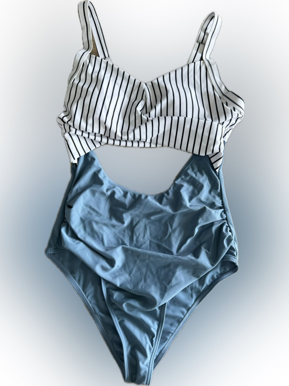 Striped White & Black Top with Dusty Blue One-Piece Swimsuit